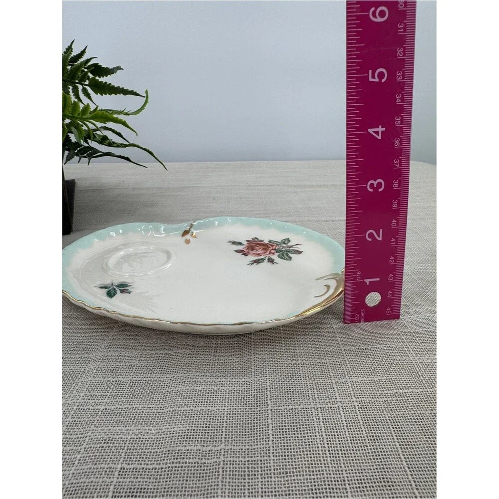 Vintage Floral Porcelain Tea Cup Tray Mint Green Gold Rose Serving Dish
